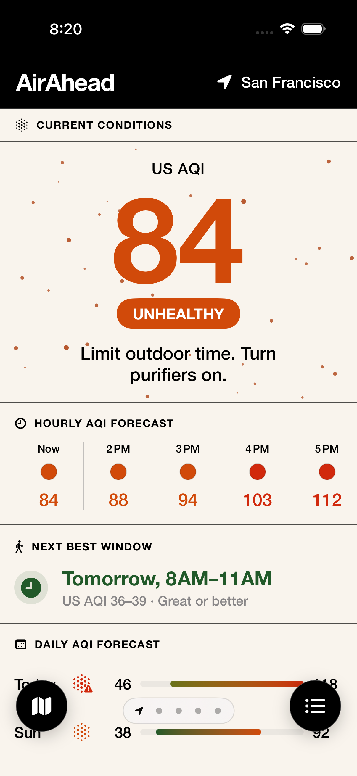 AirAhead iOS preview showing current AQI, hourly forecast and next best window.